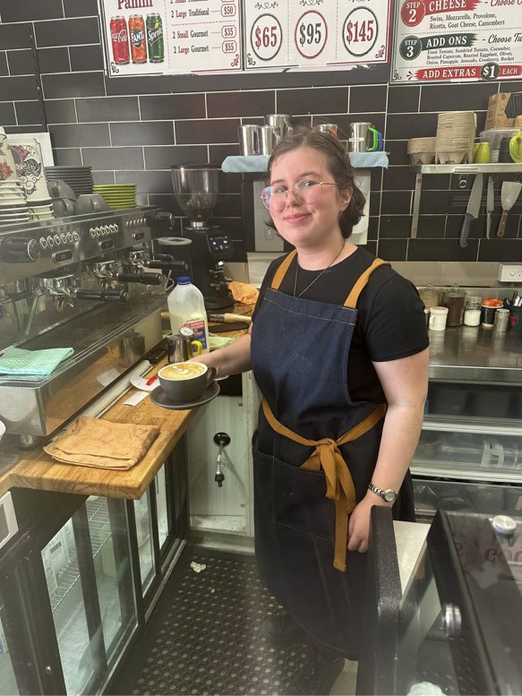 Aleshanee Karan behind the espresso machine at Bernedettos, Springwood