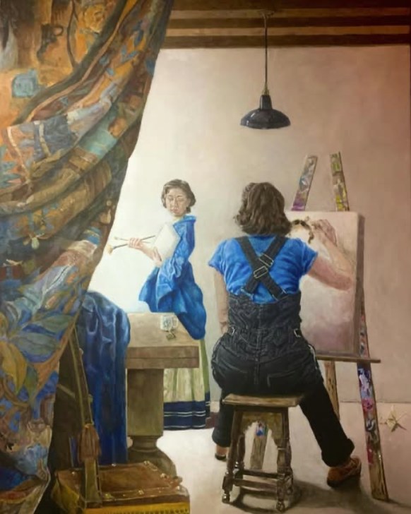 The Art of Painting Me, Myself and I (2022), oil painting by Aleshanee Karan showing the artist at her easel